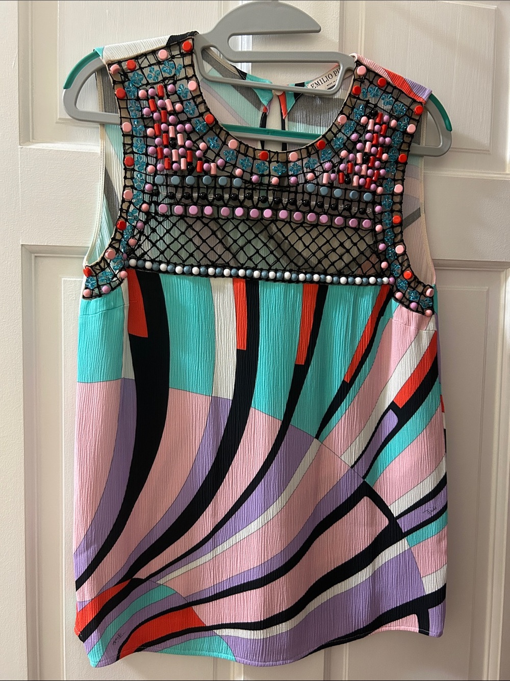 Emilio Pucci Pink Turquoise Black Beaded Sleeveless Top